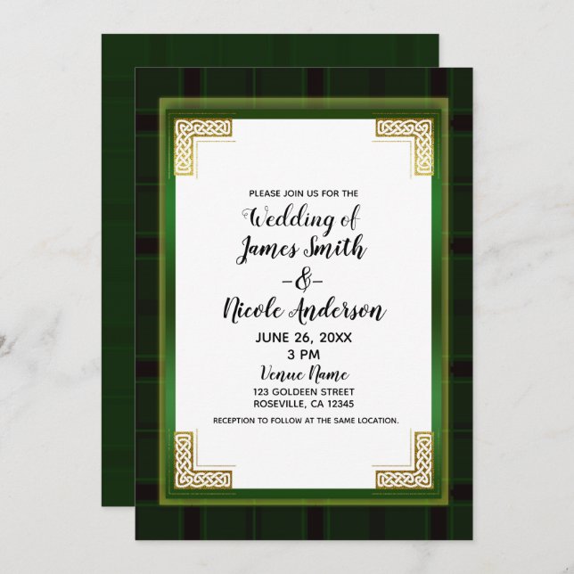 Invitación Tartan de Cuadro Verde Dorado Celta Blanco Boda Ir (Anverso / Reverso)