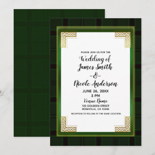 Invitación Tartan de cuadros verdes celtas dorados blancos bo