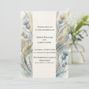 Invitación Tartan de Faja Dorada de Cardo Azul Suave Boda Esc