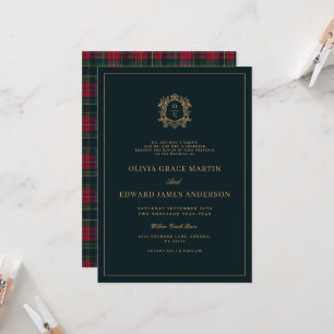 Invitación Tartan de Invierno Monograma Crest Dorado Verde Fo