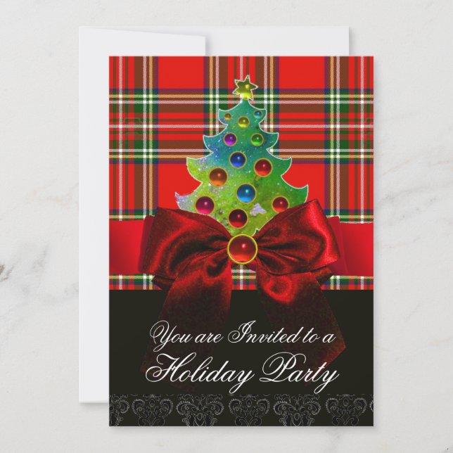 INVITACIÓN TARTAN ESCOCIA, BOW ROJO Y ÁRBOL DE NAVIDAD (Anverso)