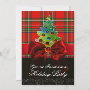 INVITACIÓN TARTAN ESCOCIA, BOW ROJO Y ÁRBOL DE NAVIDAD