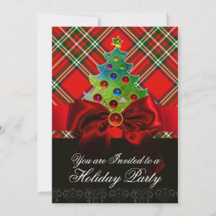 INVITACIÓN TARTAN ESCOCIA, BOW ROJO Y ÁRBOL DE NAVIDAD