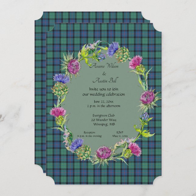 Invitación Tartan Flor de Escocia con Marco Dorado (Anverso / Reverso)