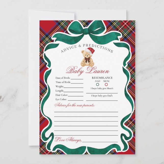 Invitación Tartan Plaid Christmas Bear Advice for Baby Card (Anverso)