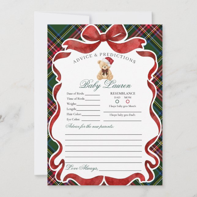 Invitación Tartan Plaid Christmas Bear Advice for Baby Card (Anverso)