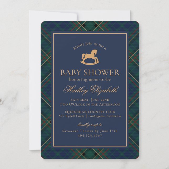 Invitación Tartan Plaid Classic Rocking Horse Baby Shower (Anverso)