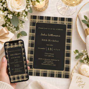 Invitación Tartan Plaid Cumpleaños de Oro Negro