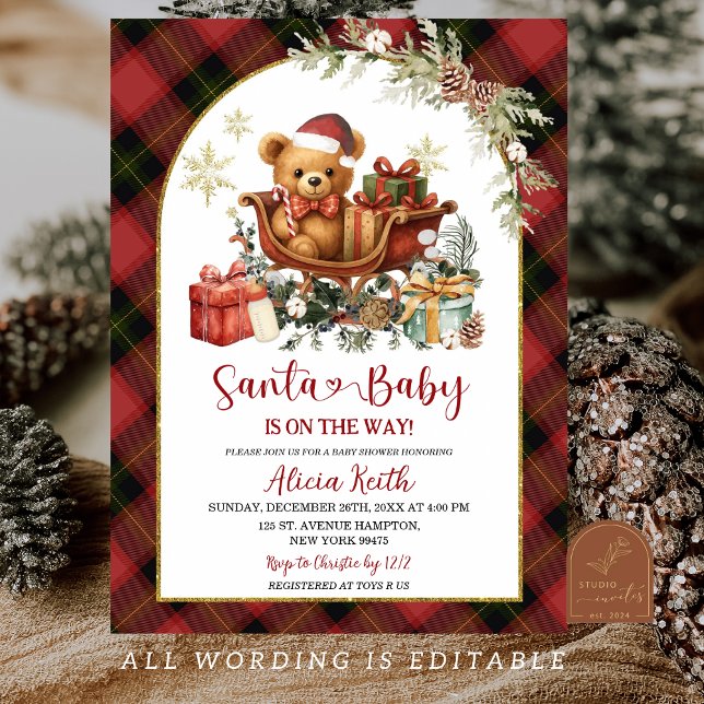 Invitación Tartan Red Christmas Santa Bear Baby Shower  (Subido por el creador)