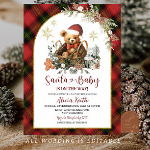Invitación Tartan Rojo de Navidad Acogedor Oso Santa Fiesta d