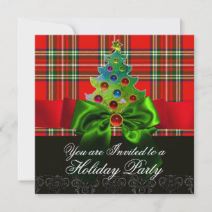 INVITACIÓN TARTÁN ROJO SCOTISTA, BOWS VERDES Y ÁRBOL NAVIDAD