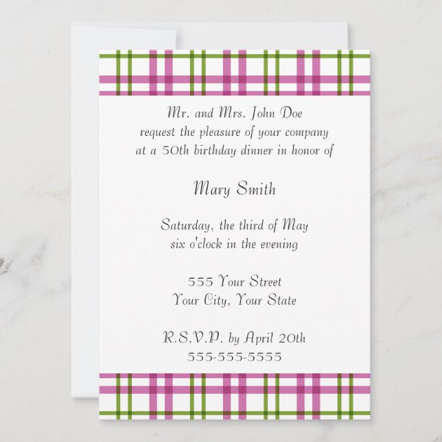 Invitación Tartán rosa y verde (Anverso)