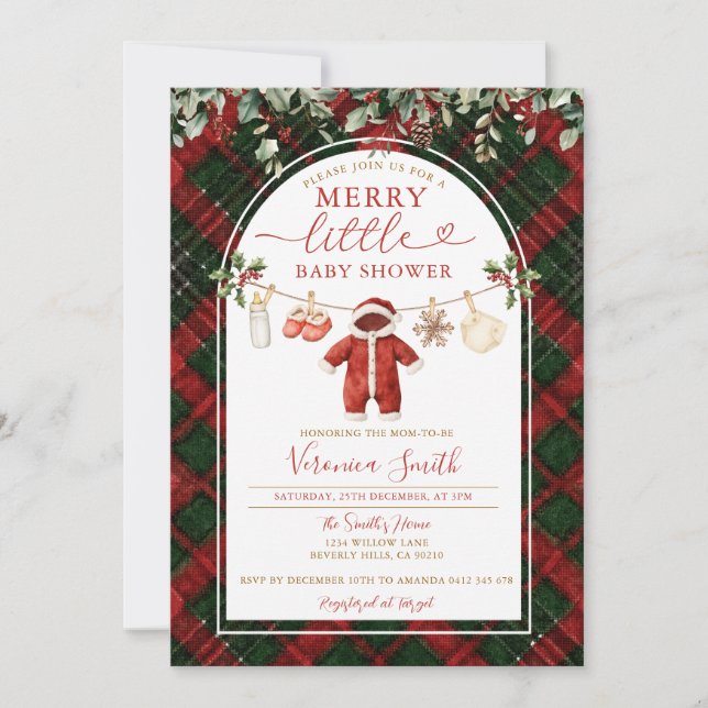 Invitación Tartan Santa Clothesline Merry Little Baby Shower (Anverso)