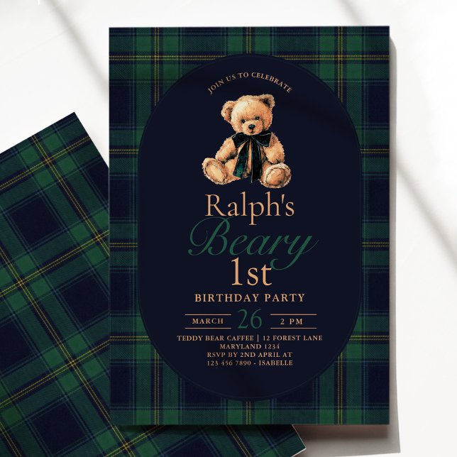Invitación Tartan Teddy Bear 1st Birthday (Subido por el creador)