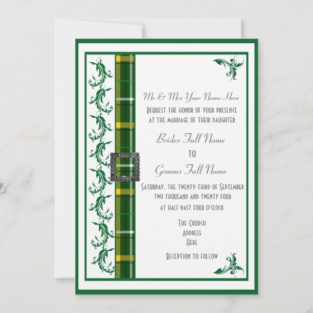 Invitación Tartán verde y blanco platillo boda tradicional (Reverso)