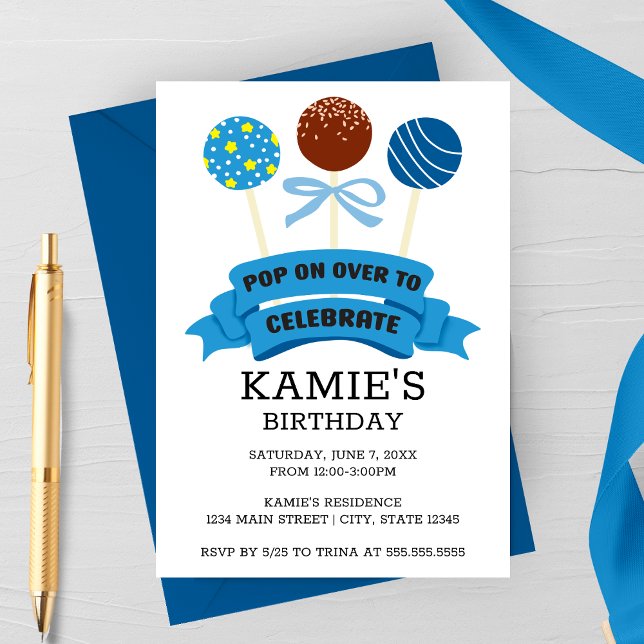 Invitación Tartas de Cumpleaños Azules (Blue Cake Pops Birthday Party Invitation)