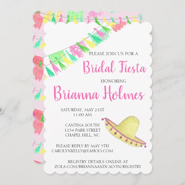 Invitación Tassel Personalizado Papel Picado Rosa Verde Fiest (Anverso / Reverso)