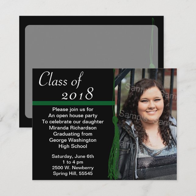 Invitación Tassel Photo Graduation Party Green and Black (Anverso / Reverso)