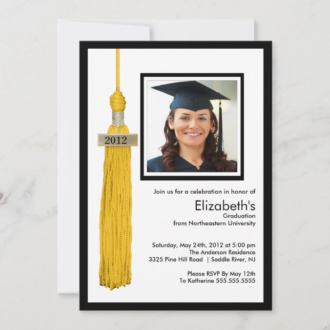 Invitación Tassel Photo Gradutation Invitation Gold & White (Anverso)