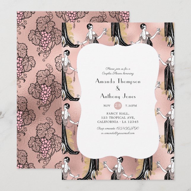 Invitación Tasting de vino Rosa Oro y Beige para Baby Shower  (Anverso / Reverso)