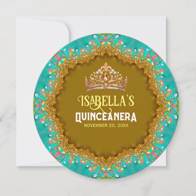 Invitación Tatin Lace de oro turquesa y Tiara Quinceañera (Anverso)