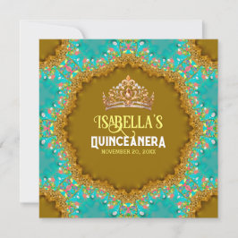 Invitación Tatin Lace de oro turquesa y Tiara Quinceañera
