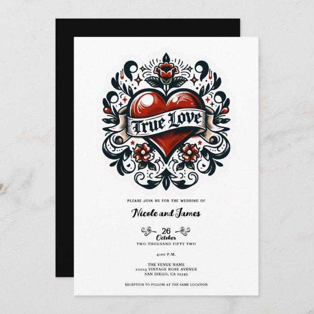 Invitación Tatuaje de corazón de amor verdadero Mira boda (Anverso / Reverso)