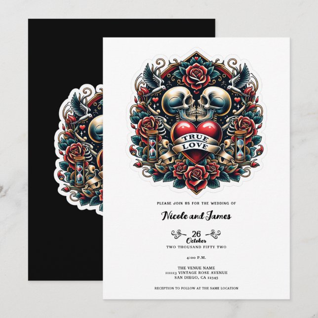 Invitación Tatuaje de corazón esqueleto de amor verdadero bod (Anverso / Reverso)
