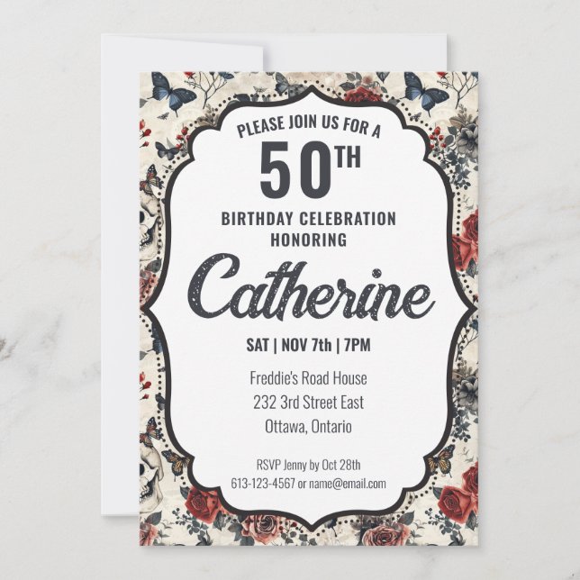 Invitación Tatuaje de cumpleaños negro y rojo (Anverso)