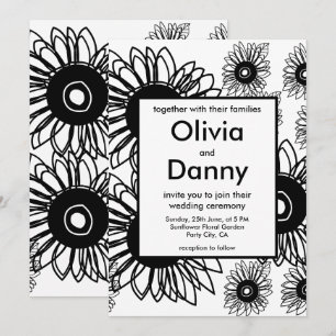 Invitación Tatuaje Girasol Floral Negro Blanco Boda Tatuaje