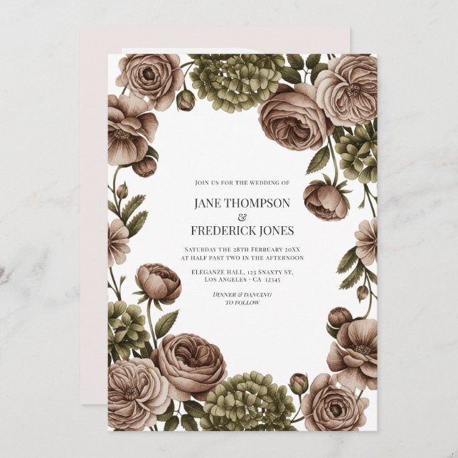 Invitación Taupe and Olive Green Watercolor Floral Wedding (Anverso / Reverso)
