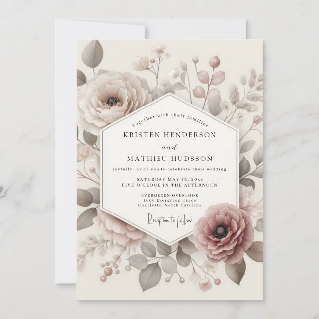 Invitación Taupe Antique Bloom Wedding (Anverso)
