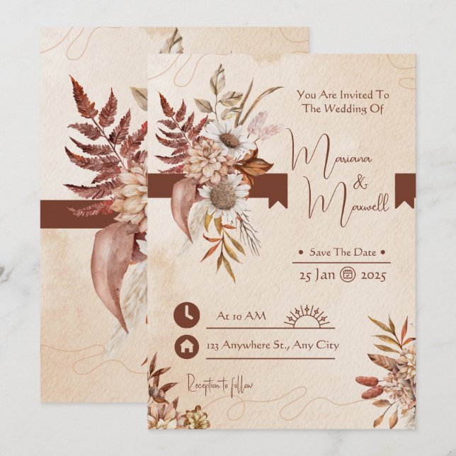 Invitación Taupe Autumn Modern Watercolor Terracotta Boda (Anverso / Reverso)