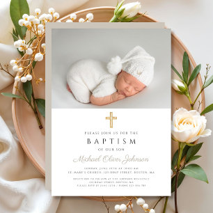 Invitación Taupe Beige Modern Religion Cross Photo Baptism