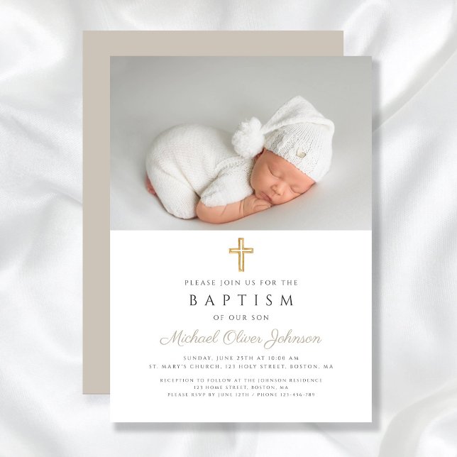 Invitación Taupe Beige Modern Religion Cross Photo Baptism (Taupe Beige Modern Religious Cross Photo Baptism Invitation)