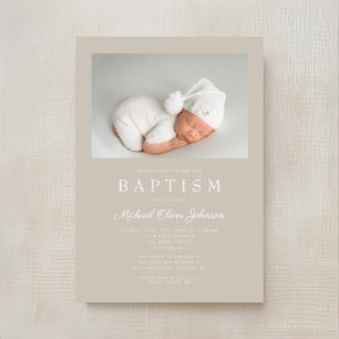 Invitación Taupe Beige Moderno Bautismo Fotográfico