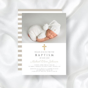 Invitación Taupe Beige Stripes Cruz Religiosa Baptismo