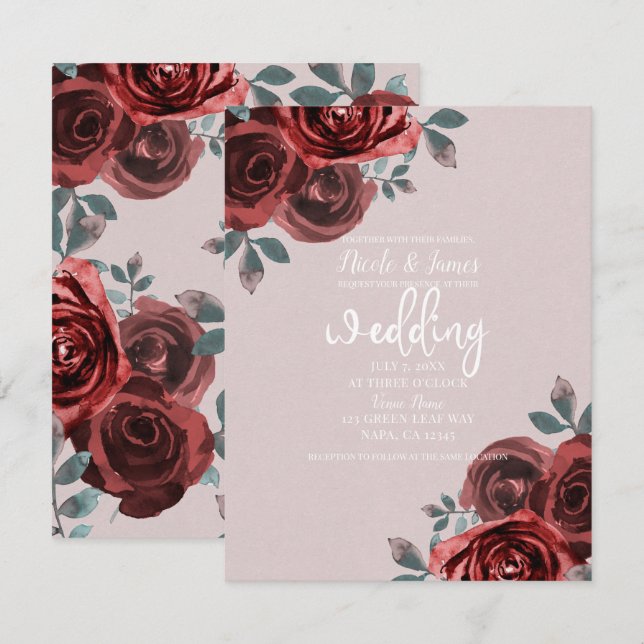 Invitación Taupe Burgundy Watercolor Rosas Greenery Boda (Anverso / Reverso)