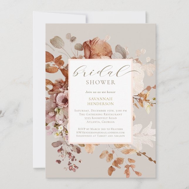 Invitación Taupe Cálido Terracotta Floral Bridal Shower (Anverso)