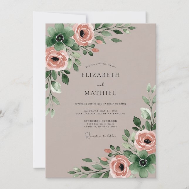Invitación Taupe Exquisite Watercolor Wedding (Anverso)