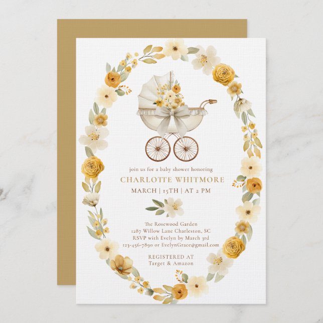 Invitación Taupe Floral Pram Baby Shower Invite (Anverso / Reverso)