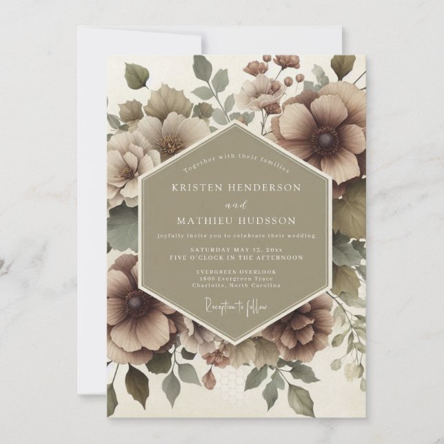 Invitación Taupe Floral Romance Wedding (Anverso)