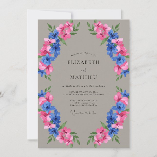 Invitación Taupe Fuchsia Azul Bodas Pintadas (Anverso)