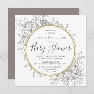 Invitación Taupe & Gold Peony Moderno Floral Toile Baby Showe