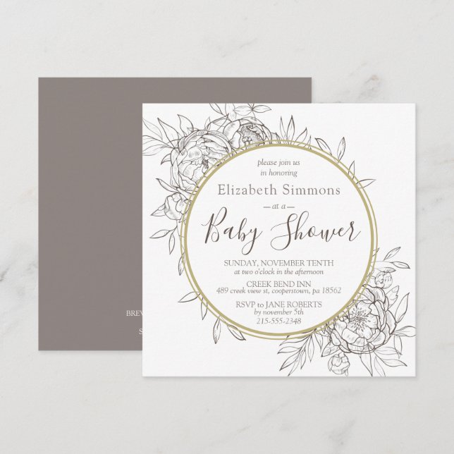 Invitación Taupe & Gold Peony Moderno Floral Toile Baby Showe (Anverso / Reverso)