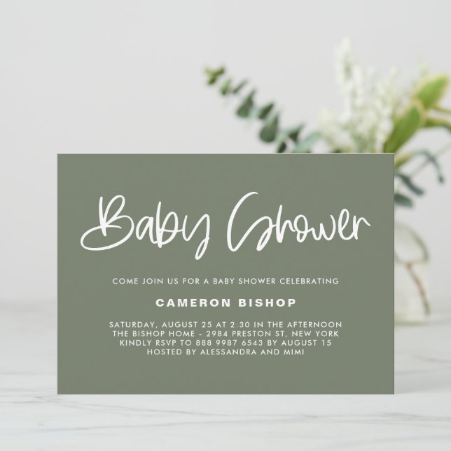 Invitación Taupe Green Cute Moderno Caligrafía Baby Shower (Anverso de pie)