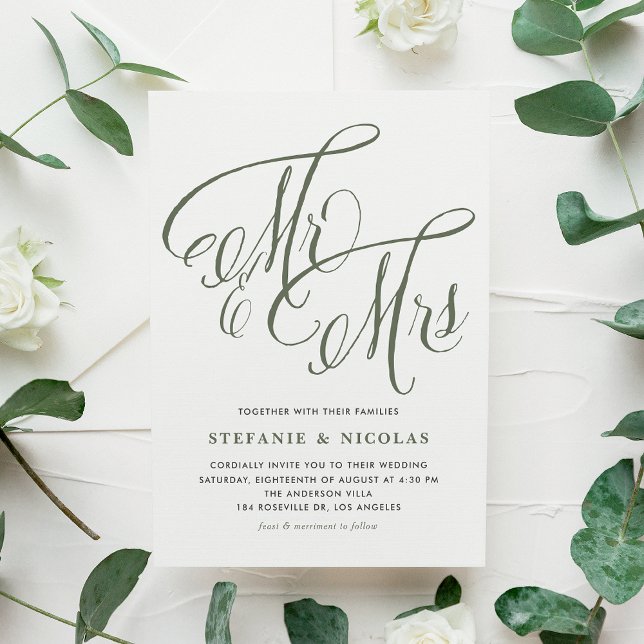 Invitación Taupe Green Mrs. y la Sra. Rustic Script Boda (Taupe Green Mrs. and Mrs. Rustic Calligraphy Wedding Invitation)