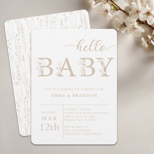 Invitación Taupe Hello Baby Wildflower (Taupe Floral Baby Shower Invite)
