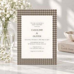 Invitación Taupe marrón Gingham Check Plaid Pareja Baby Showe