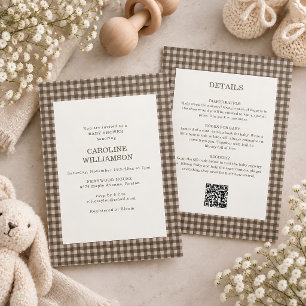 Invitación Taupe marrón Gingham Todo en Uno Fiesta de Baby Sh